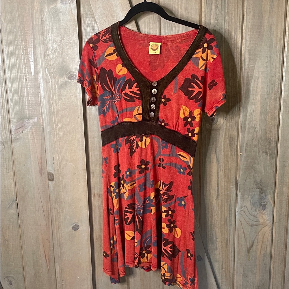 Boho Floral V-Neck Mini Dress - Red and Brown